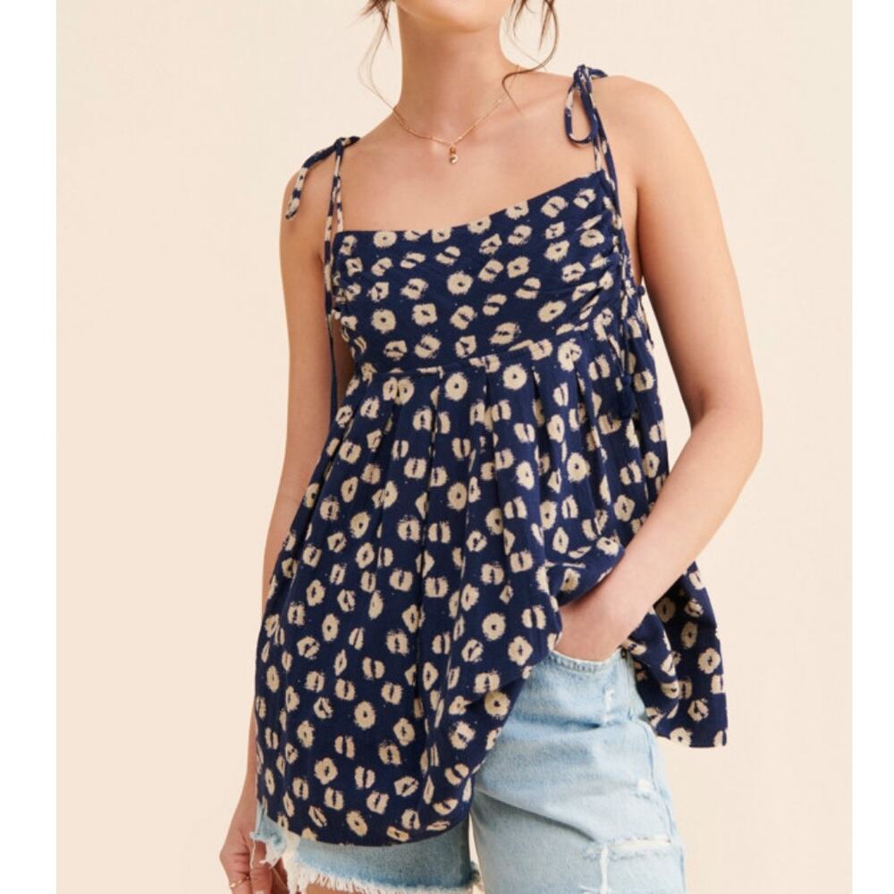 Free People Indigo Molly Floral Tunic Womens Medium Tie Strap Babydoll Boho Top